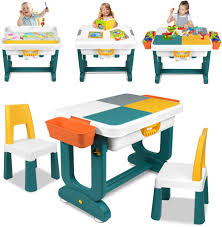 Aufun Mesa Infantil 5 en 1 Ajustable con Juego de Sillas y Bloques